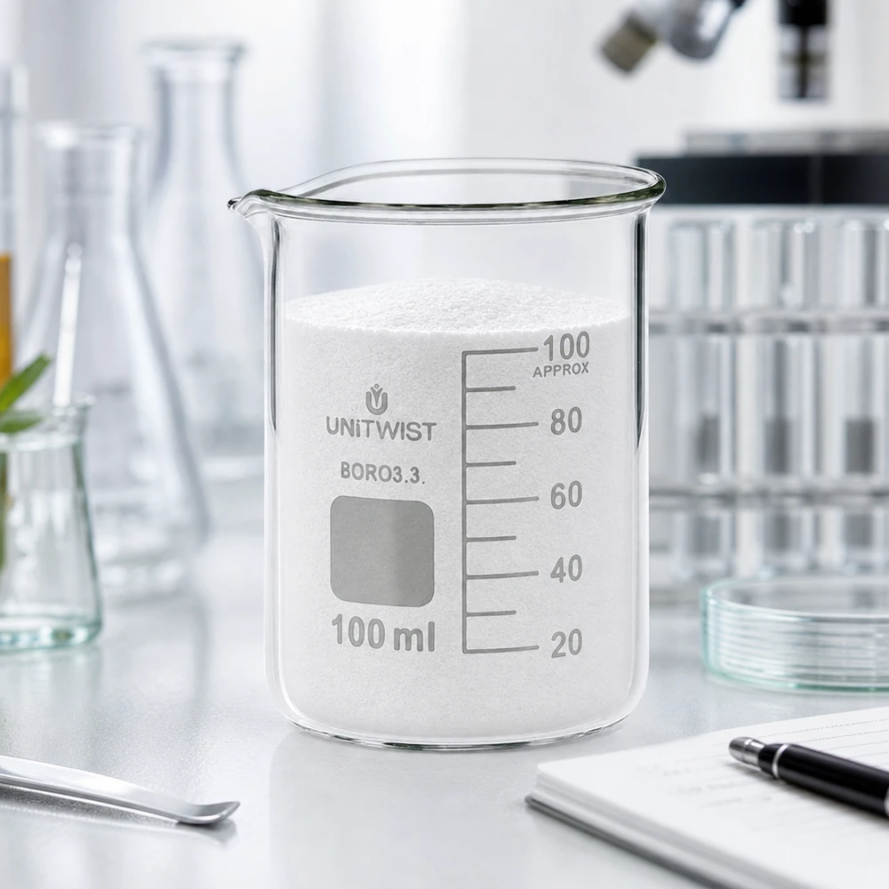 Becherglas 100ml niedriger Form aus hitzebeständigem Borosilikatglas mit weißem Inhalt