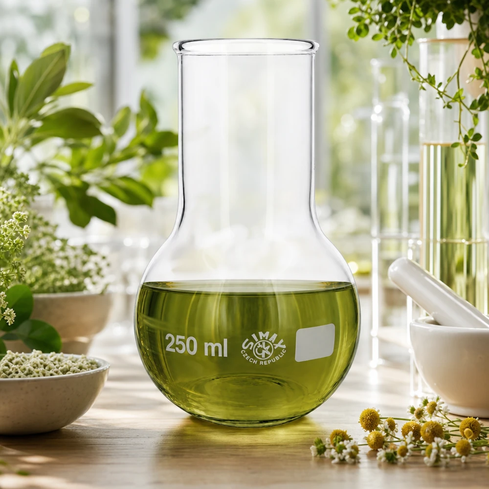 Laborstehkolben 250ml mit grüner Substanz in hellem Raum zwischen botanischen Versuchsaufbauten