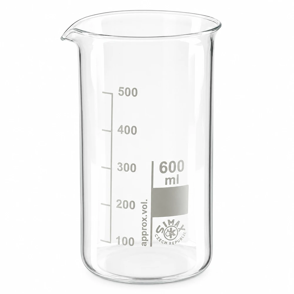 Becherglas 600ml Borosilikatglas, hohe Form Simax Becherglas 600ml aus Borosilikatglas hohe Form mit präziser Volumenskala bis 500ml