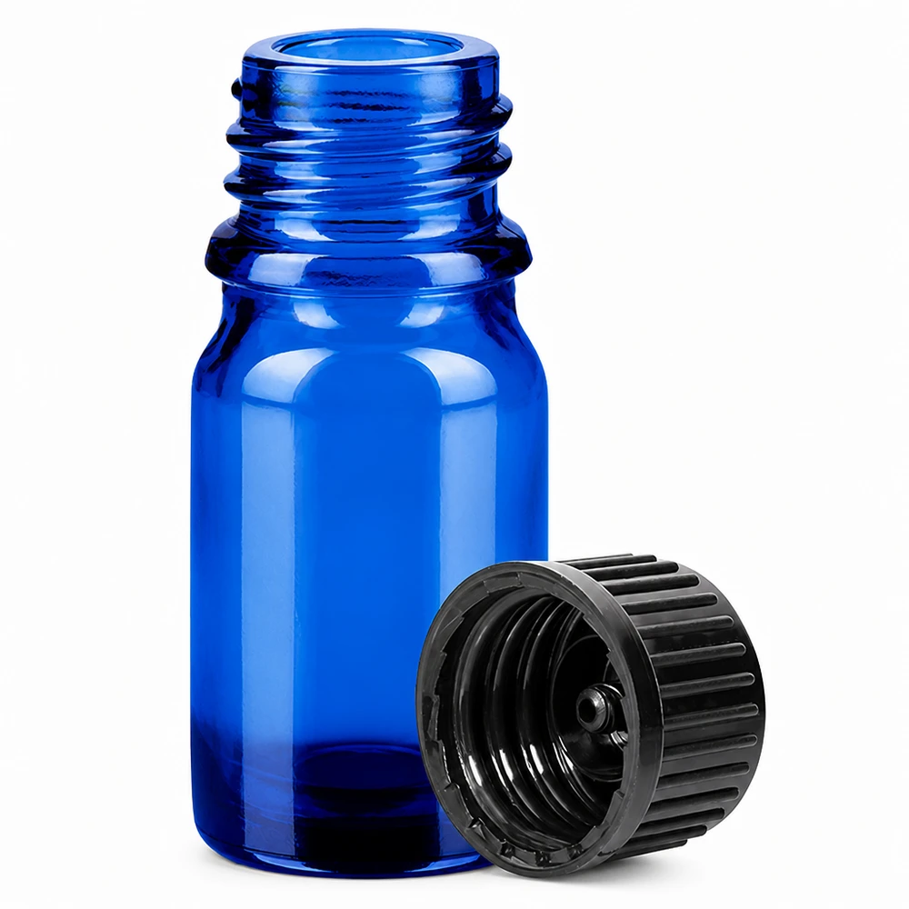 Dunkelblau getönte 5ml Glasflasche mit UV-Schutz und fest sitzendem schwarzen Verschluss