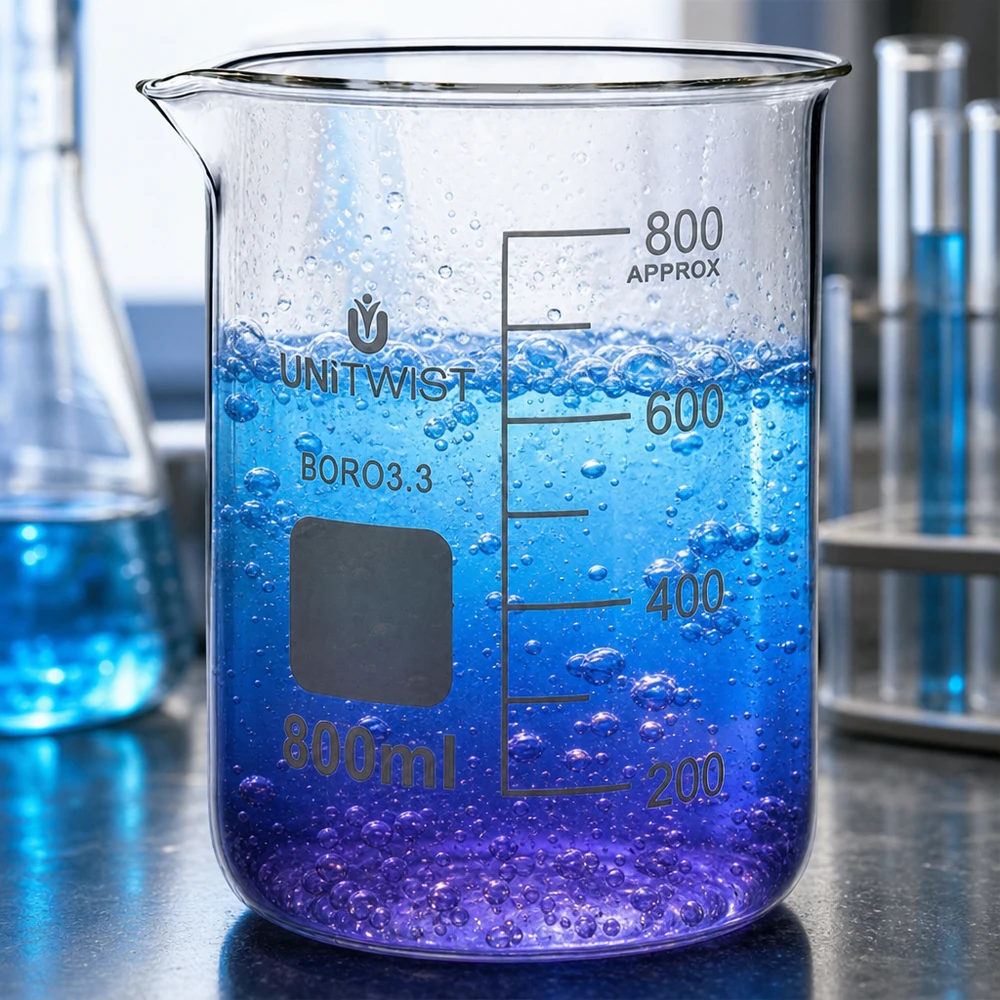 Becherglas 800ml Borosilikat, niedrige Form UNiTWIST UNiTWIST Becherglas 800ml klares Borosilikatglas niedrige Form mit Beschriftungsfeld und Skala