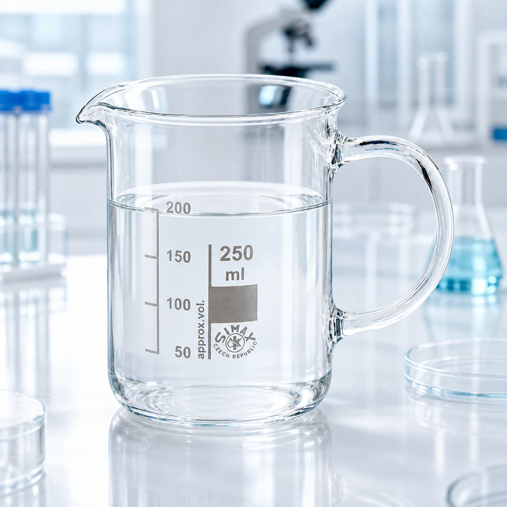 Becherglas 250ml Borosilikatglas, mit Henkel Becherglas 250ml Borosilikatglas mit Henkel neben Petrischale und Erlenmeyerkolben im Labor