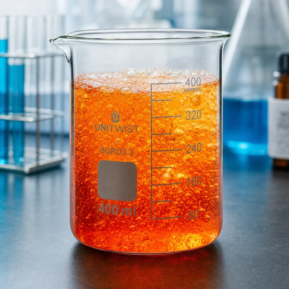 Becherglas 400ml Borosilikat, niedrige Form UNiTWIST Hitzebeständiges BORO3.3 Laborbecherglas 400ml UNiTWIST mit sprudelndem orangem Reagenz befüllt