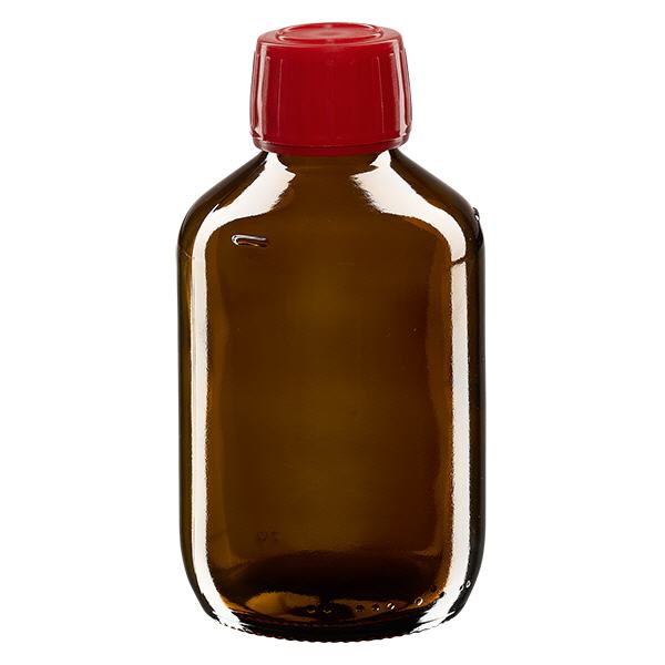 200ml Medizinflasche braun, Verschluss rot mit Originalitätsring ApoGlas 200ml Medizinflasche braun, Verschluss rot mit Originalitätsring ApoGlas