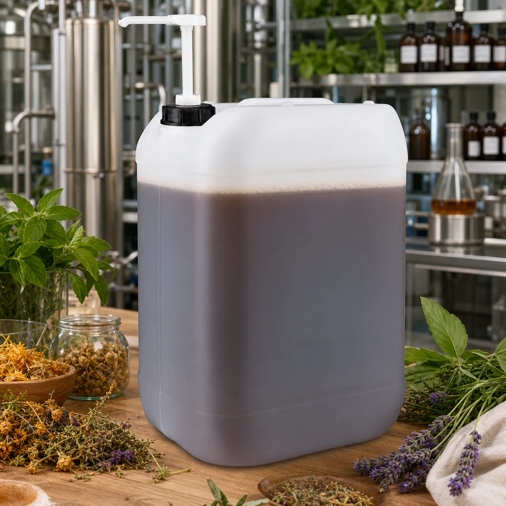 Bulk-Behälter 25 Liter mit Dosierpumpe für Kräuteressenzen neben Glasgefäßen und Erlenmeyerkolben