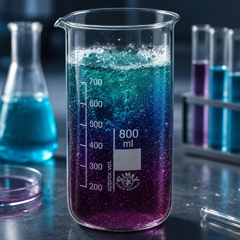 Chemisches Experiment im 800ml Becherglas hohe Form mit violett-blauer Flüssigkeit und Schaum