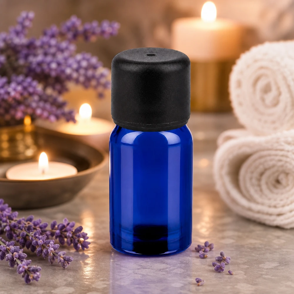 Robuste 5ml Glasflasche blau mit schwarzem Verschluss für sichere Aufbewahrung von Ölen