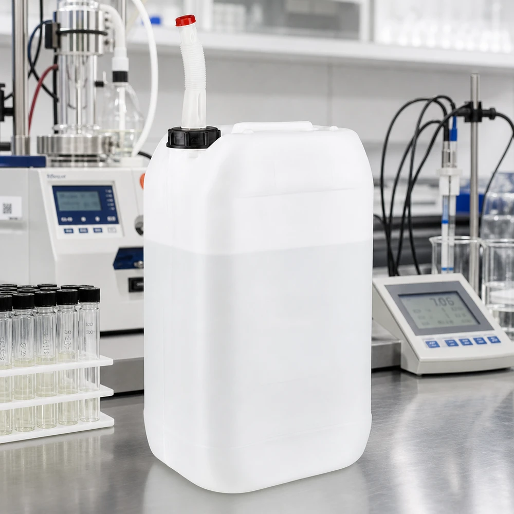 Chemikalienkanister 15 Liter mit flexiblem Auslaufrohr neben pH-Meter im Labor