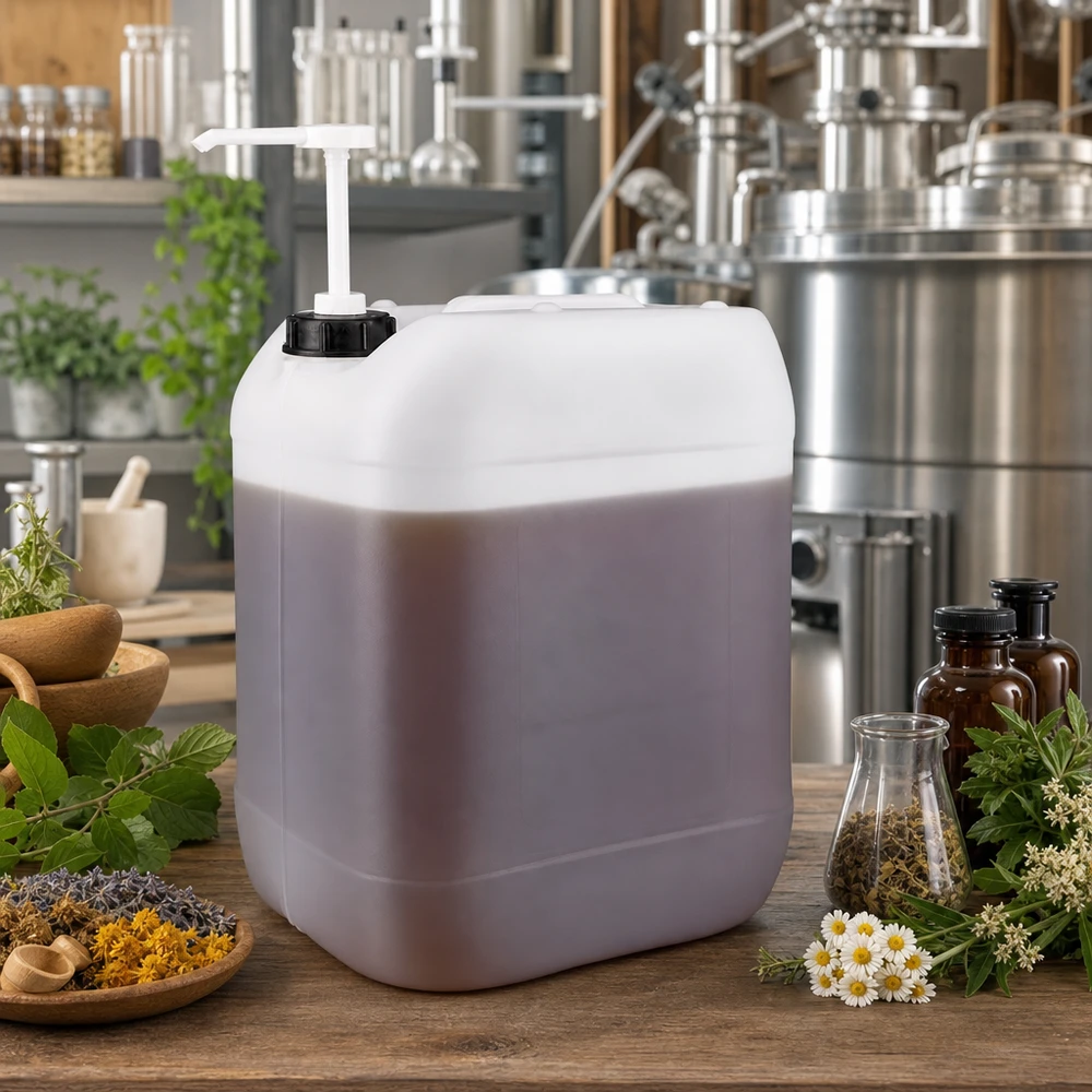 Quadratischer 20 Liter Kanister mit schwarzem Deckel und Pumpe in naturheilkundlicher Umgebung