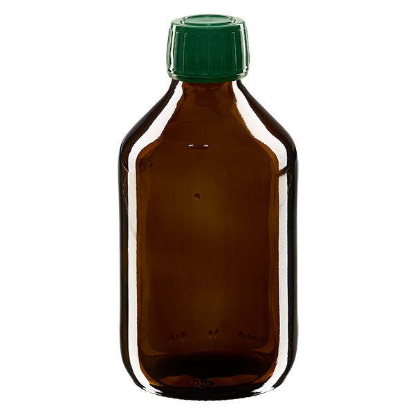 250ml Medizinflasche braun, Verschluss grün mit Originalitätsring ApoGlas 250ml Medizinflasche braun, Verschluss grün mit Originalitätsring ApoGlas