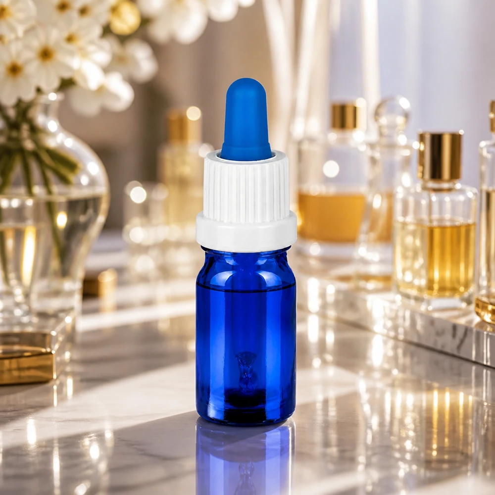 Apotheker-Flasche 5ml in klassischem Blau mit kindersicherem weißem Schraubverschluss