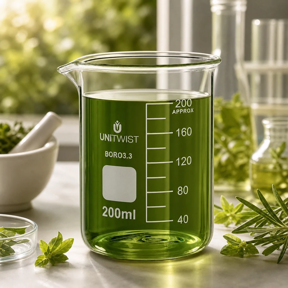 UNiTWIST 200ml Becherglas Borosilikat mit weißem Beschriftungsfeld und Skala bis 200ml APPROX