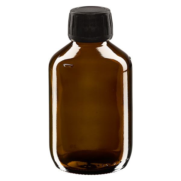 200ml Medizinflasche braun, Verschluss schwarz mit Originalitätsring ApoGlas 200ml Medizinflasche braun, Verschluss schwarz mit Originalitätsring ApoGlas