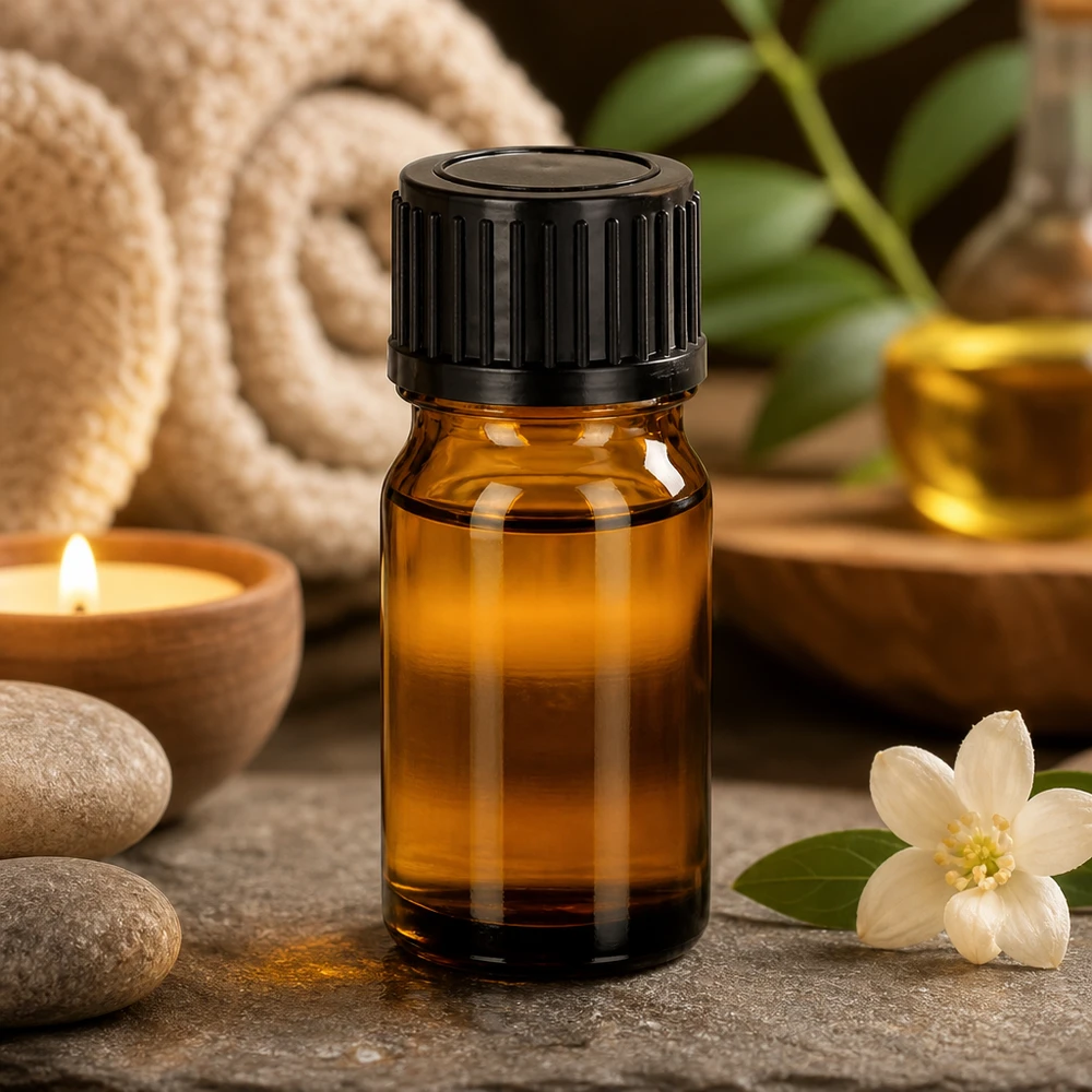 Handliche 5ml Flasche aus braunem Spezialglas mit schwarzem Verschluss für präzise Dosierung