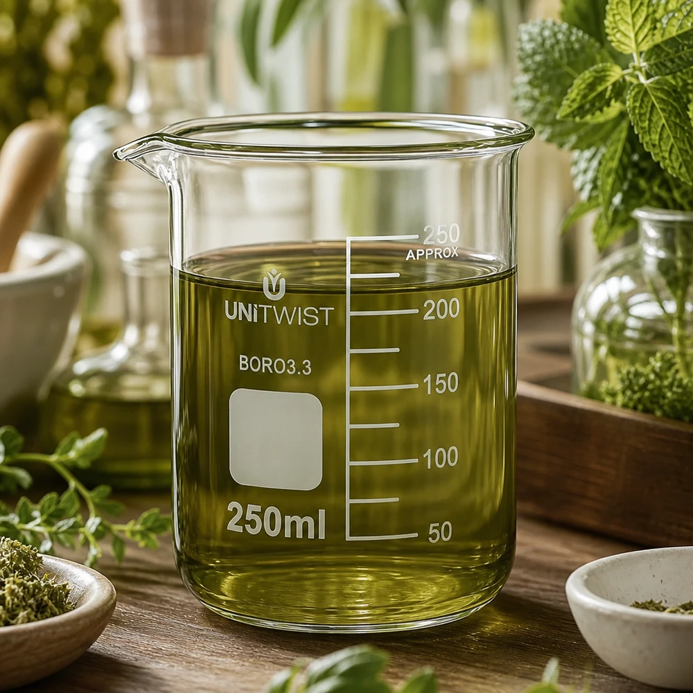 Becherglas 250ml Borosilikat, niedrige Form UNiTWIST Becherglas 250ml Borosilikat niedrige Form UNiTWIST mit grünem Extrakt und Mörser im Hintergrund