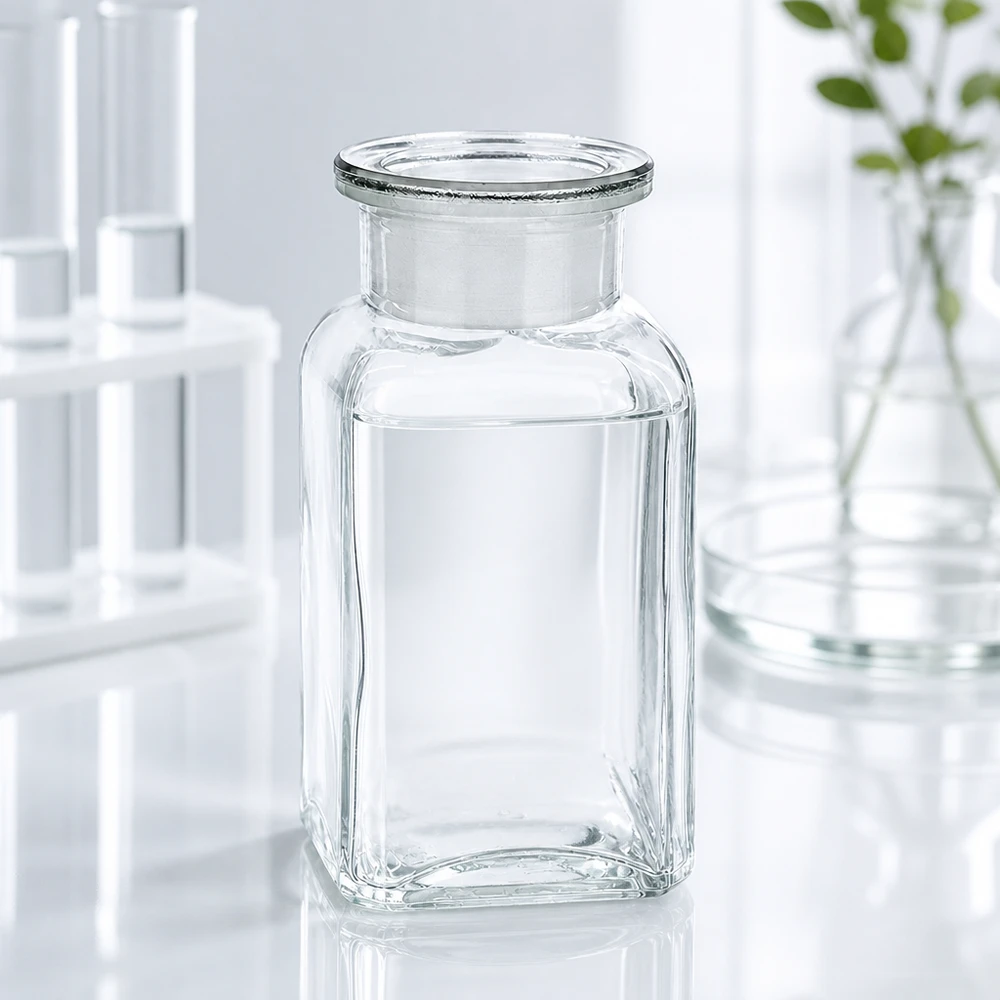 Kleine rechteckige Glasflasche 100ml klar mit Weithalsöffnung und passendem Glasstopfen