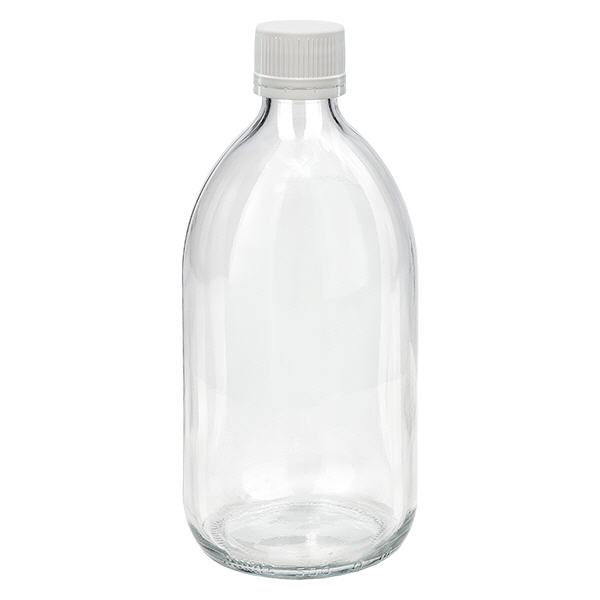 500ml Medizinflasche klar, Verschluss weiß/fein mit Originalitätsring ApoGlas 500ml Medizinflasche klar, Verschluss weiß/fein mit Originalitätsring ApoGlas