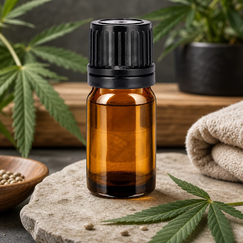 Handliche 5ml Braunglasflasche mit ergonomischem schwarzen Schraubverschluss für unterwegs