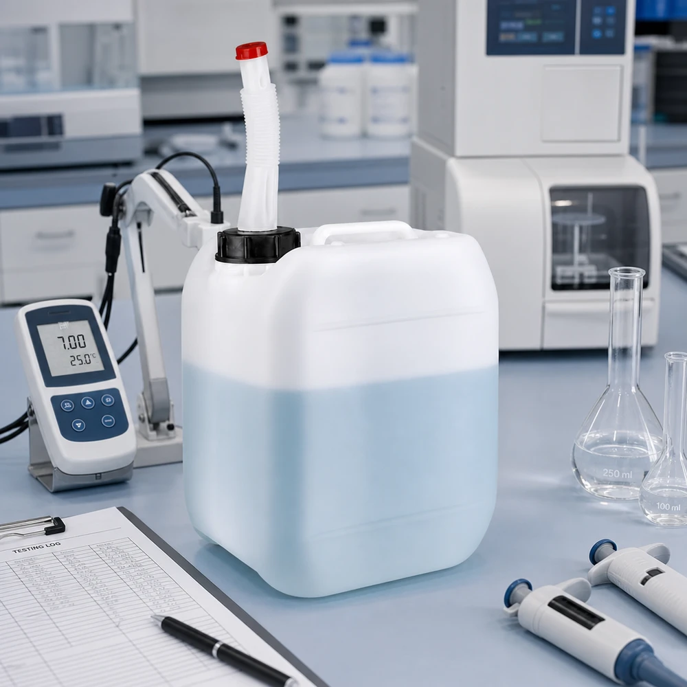 Kanister 5 Liter mit Auslaufrohr Flex Halbgefüllter 5 Liter Kanister mit beweglichem Ausgießrohr neben wissenschaftlichen Messgeräten