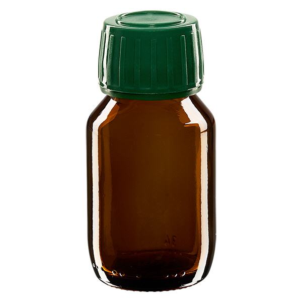50ml Medizinflasche braun, Verschluss grün mit Originalitätsring ApoGlas
