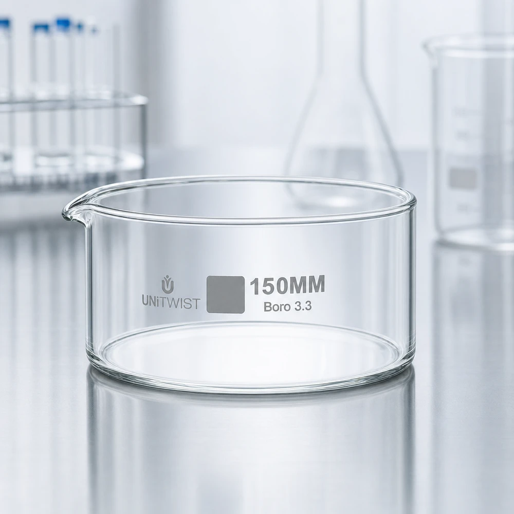 Kristallisierschale ø150mm Borosilikatglas UNiTWIST Kristallisierschale UNiTWIST 150mm geringes Volumen weite Öffnung zur Verdunstung im Labor