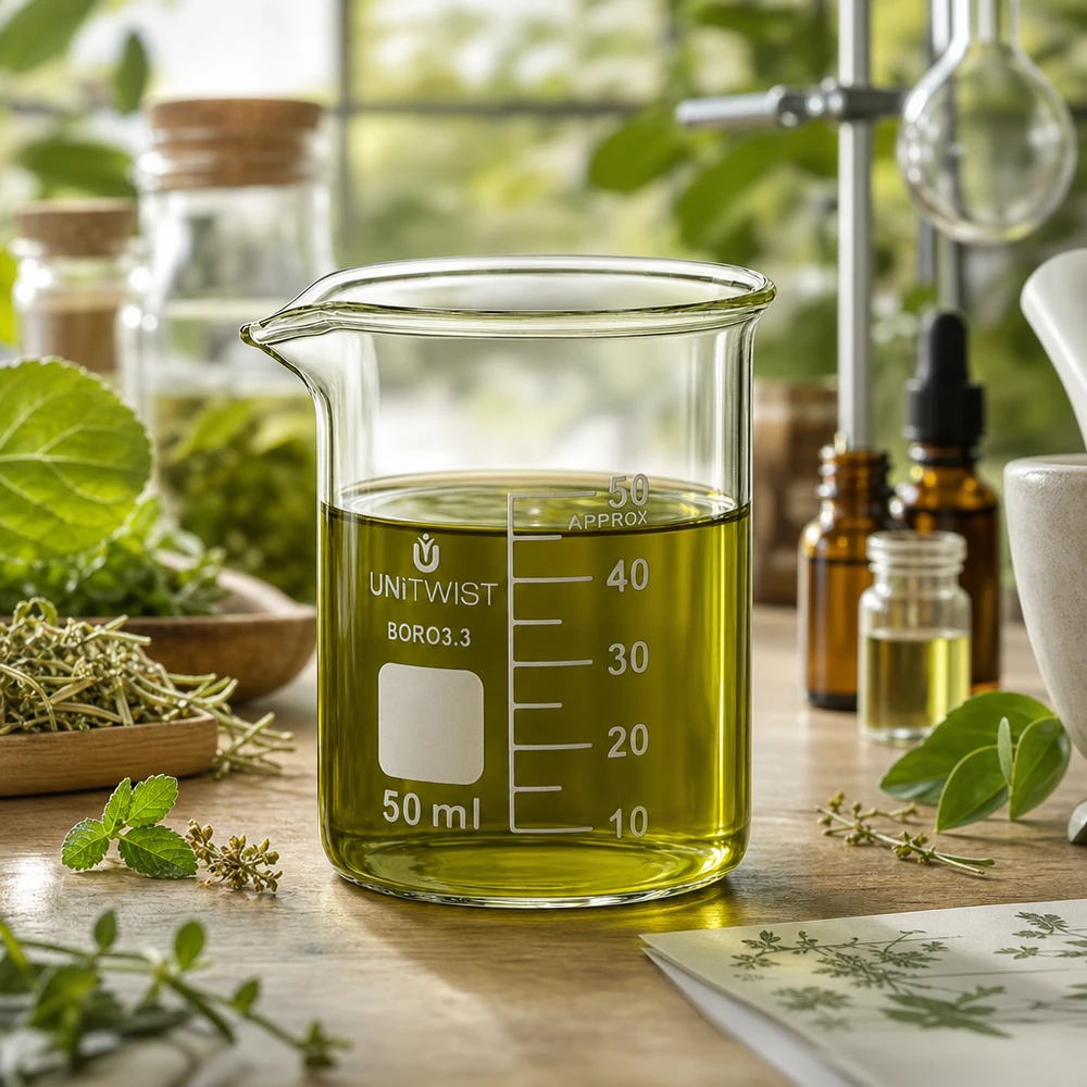 Transparentes Becherglas UNiTWIST 50ml niedrige Form mit olivgrünem Pflanzenöl auf Holzunterlage