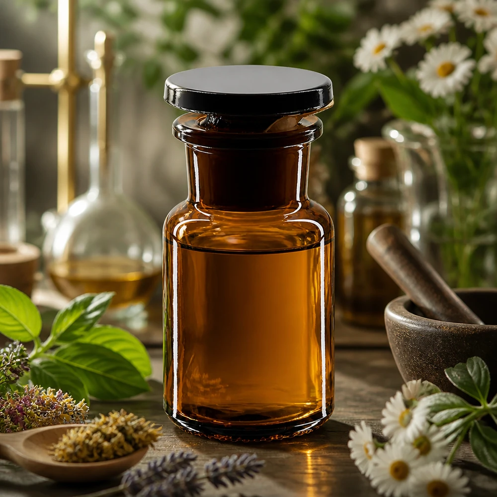 Rundschulterfl. 50ml braun Weithals Glasstopfen Apotheken Rundflasche 50ml braun Weithals mit Stopfen umgeben von Kräutern und Blüten