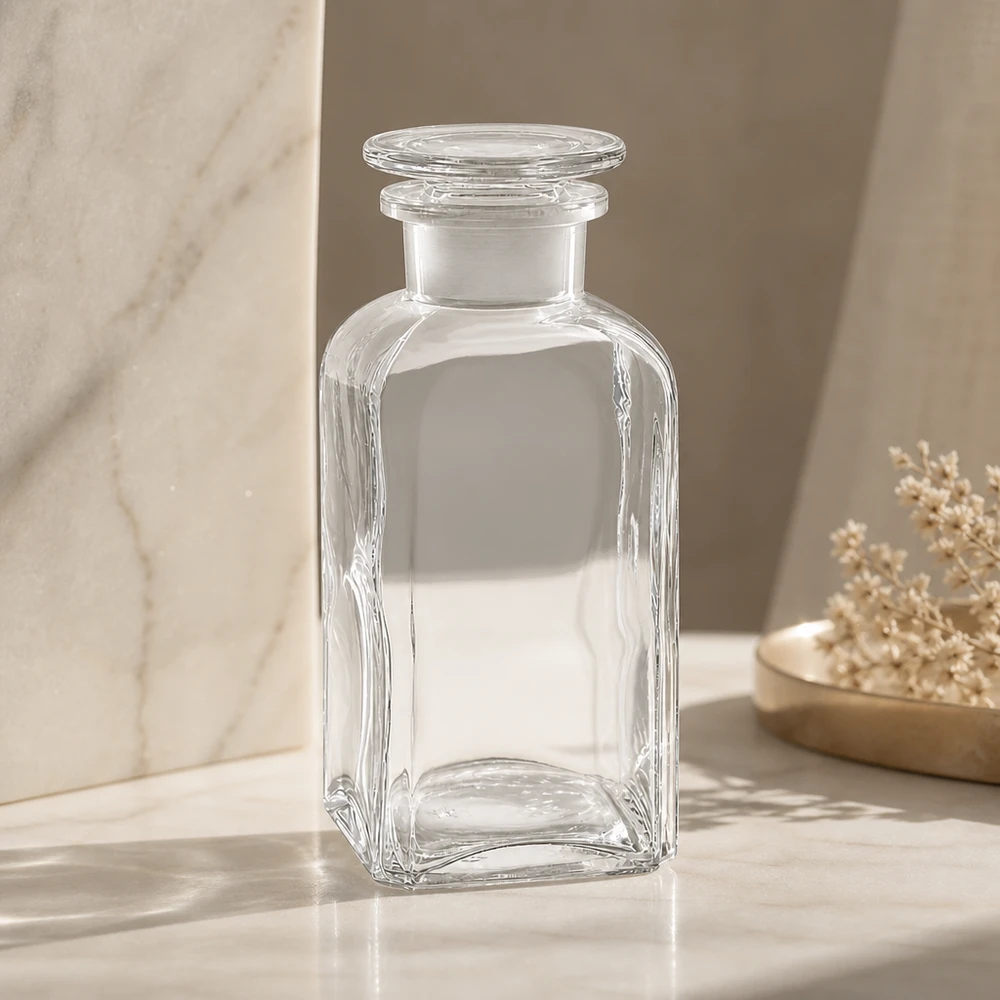 Vierkantflasche 350ml klar Weithals Glasstopfen Dekorative Glasflasche 350ml quadratisch klar mit Glasstopfen als Vorratsflaschen-Lösung