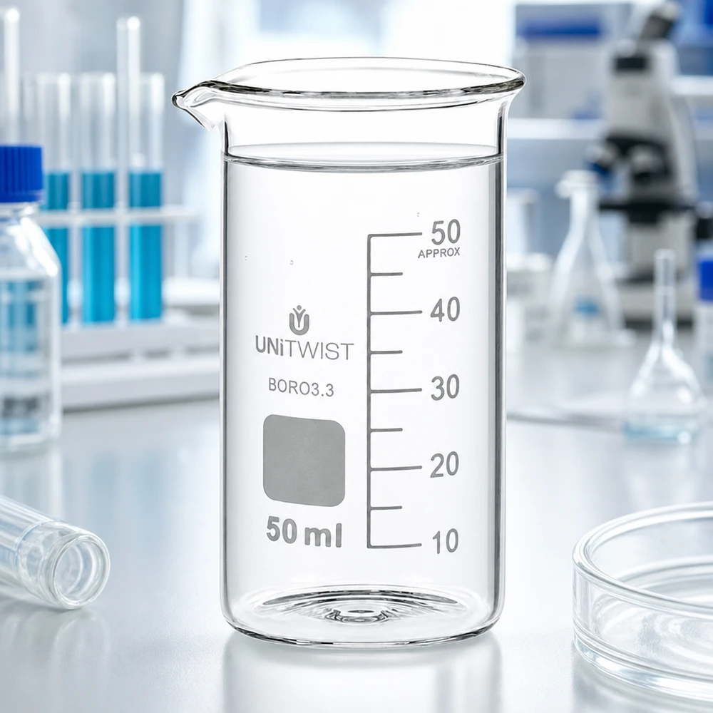 Chemieglas 50ml hohe Form UNITWIST Borosilikat 3.3 mit grauer Skala und quadratischem Etikett
