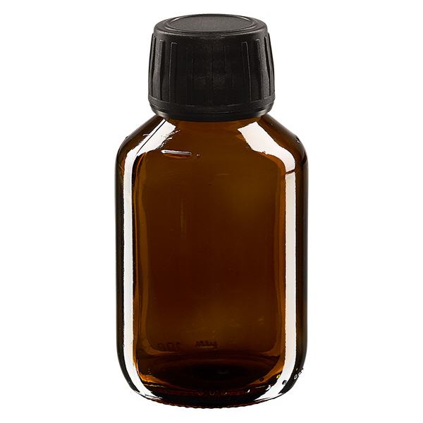 100ml Medizinflasche braun, Verschluss schwarz mit Originalitätsring ApoGlas 100ml Medizinflasche braun, Verschluss schwarz mit Originalitätsring ApoGlas