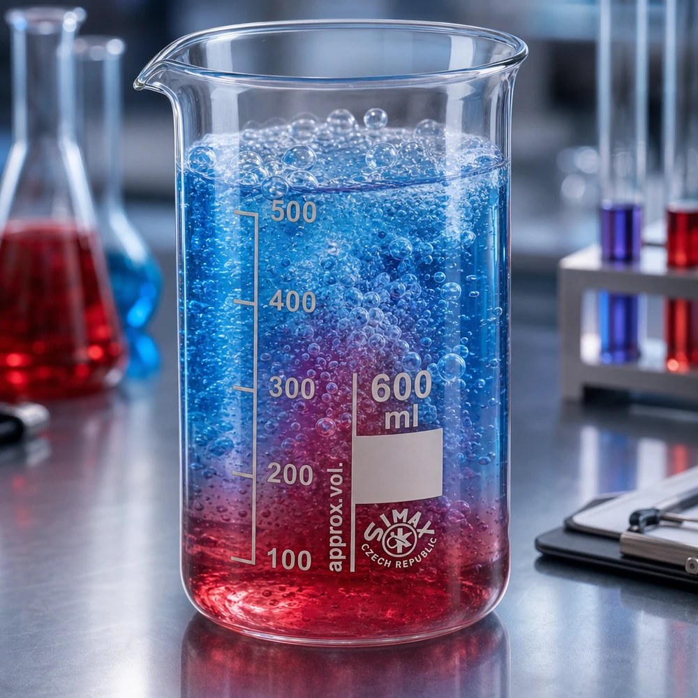 Becherglas 600ml Borosilikatglas, hohe Form Becherglas 600ml mit sprudelnder blau-roter Flüssigkeit neben farbigen Laborkolben auf Stahltisch