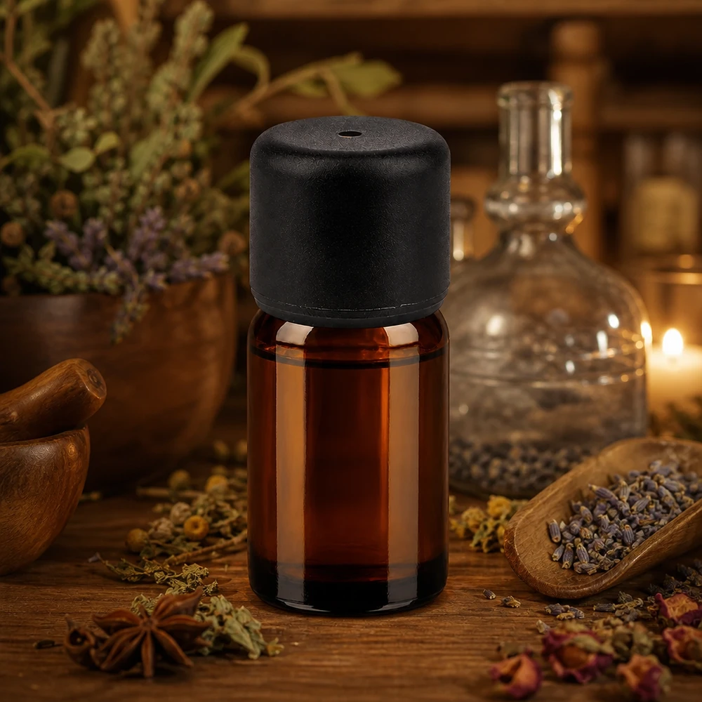 5ml Braunglasflasche mit schwarzem Verschluss ideal für Reise und mobile Aromatherapie