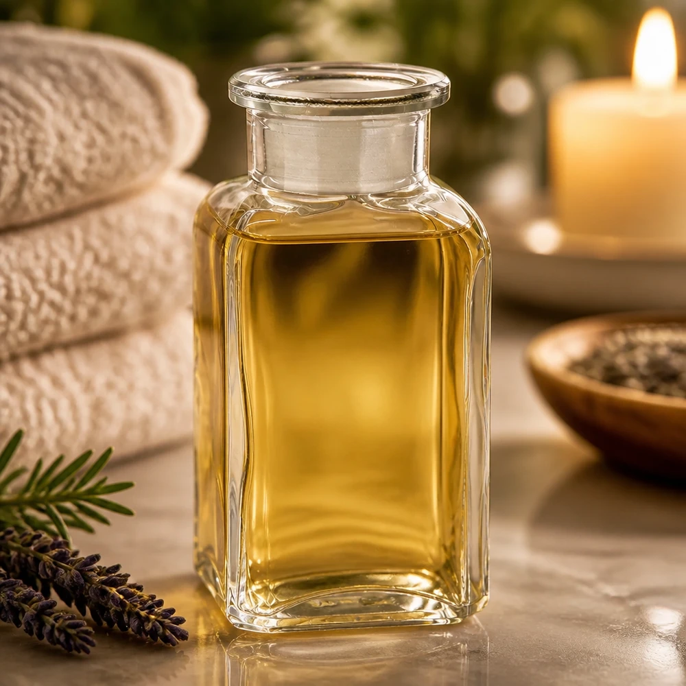 Vierkantflasche Klarglas 100ml Weithals mit goldfarbenem Öl gefüllt Wellness