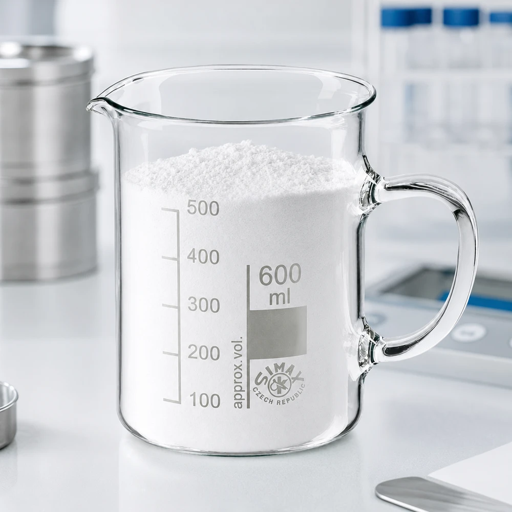 Hochwertiges Becherglas 600ml Borosilikatglas mit Ausgießer Henkel und weißem Pulver