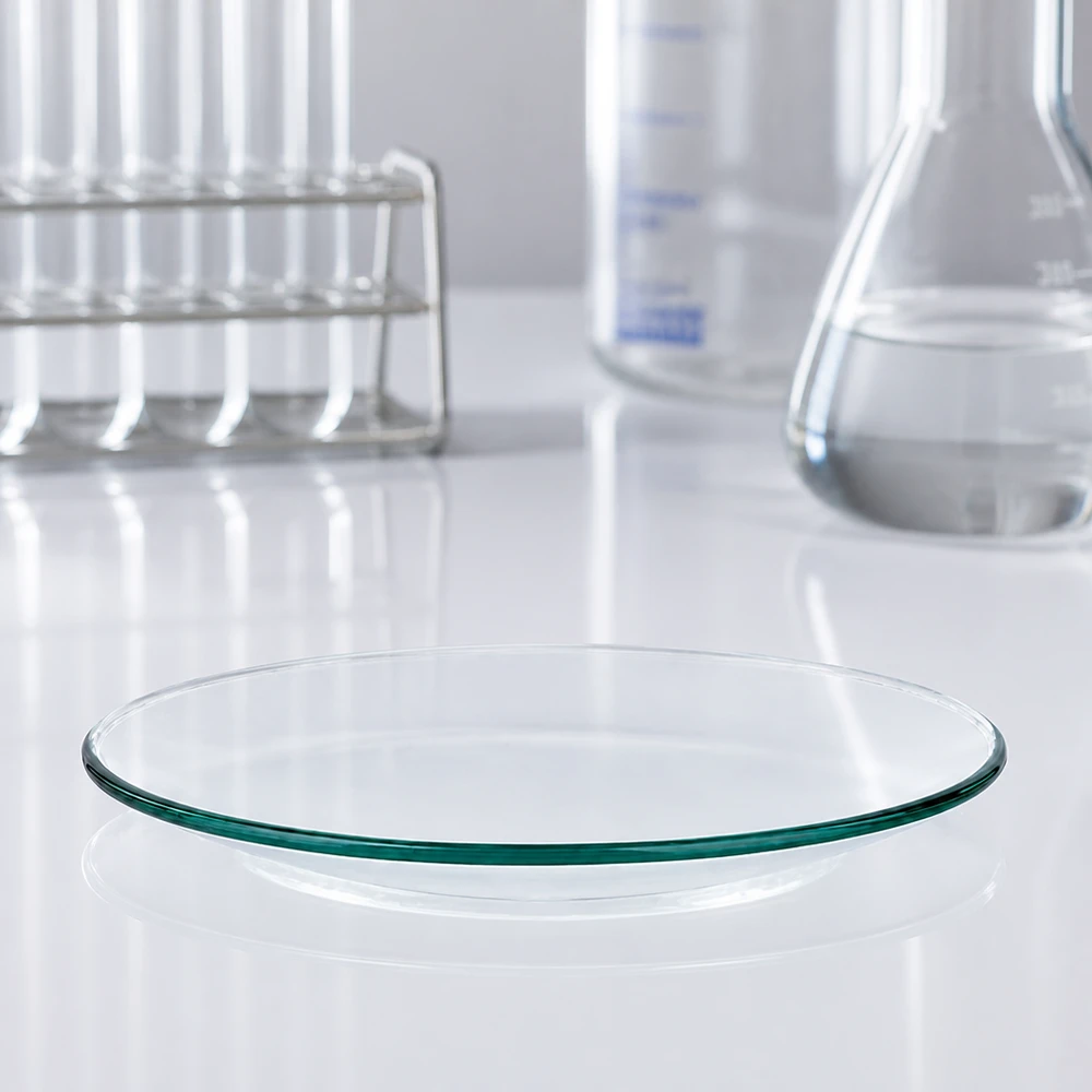 Uhrglasschale ø90 mm Professionelle Glasschale 90mm für Chemielabor mit Teströhren und Messkolben im Hintergrund
