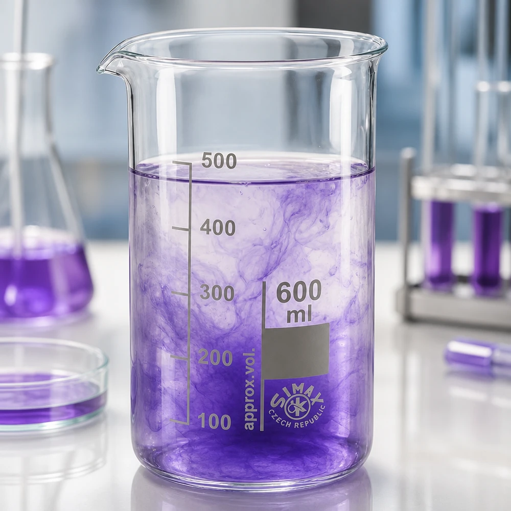 Becherglas 600ml Borosilikatglas, hohe Form Hitzebeständiges Laborglas 600ml hohe Form mit lila Farbstoff auf weißer Laborarbeitsfläche