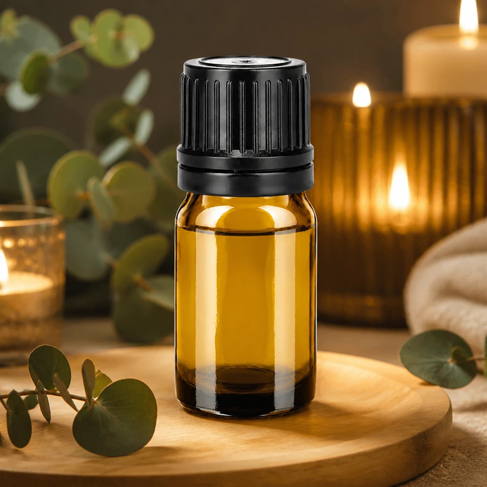 Elegante kleine Glasflasche 5ml in Bernsteinoptik mit schwarzem Deckel für Naturkosmetik