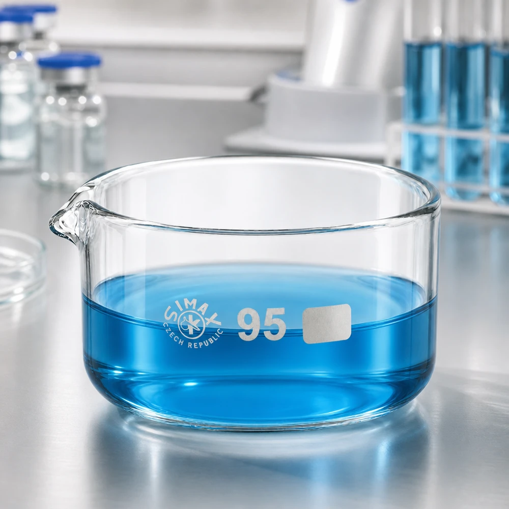 300ml Kristallisierschale mit Ausguss Borosilikat ø95mm Laborschale 300ml aus hitzebeständigem Glas mit blauer Flüssigkeit und Ausguss ø95mm