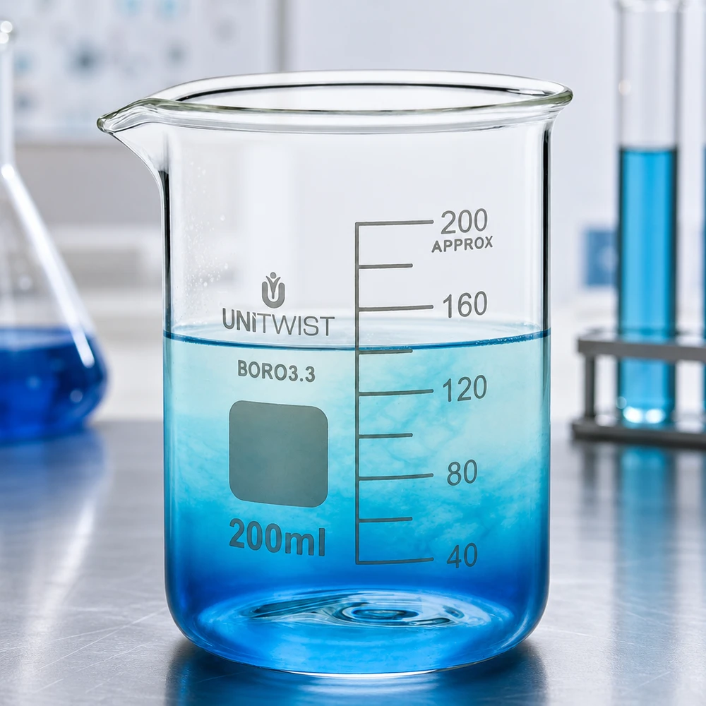 Becherglas niedrige Form 200ml aus Borosilikat 3.3 mit Trichterrand und eingeätzter Milliliterskala