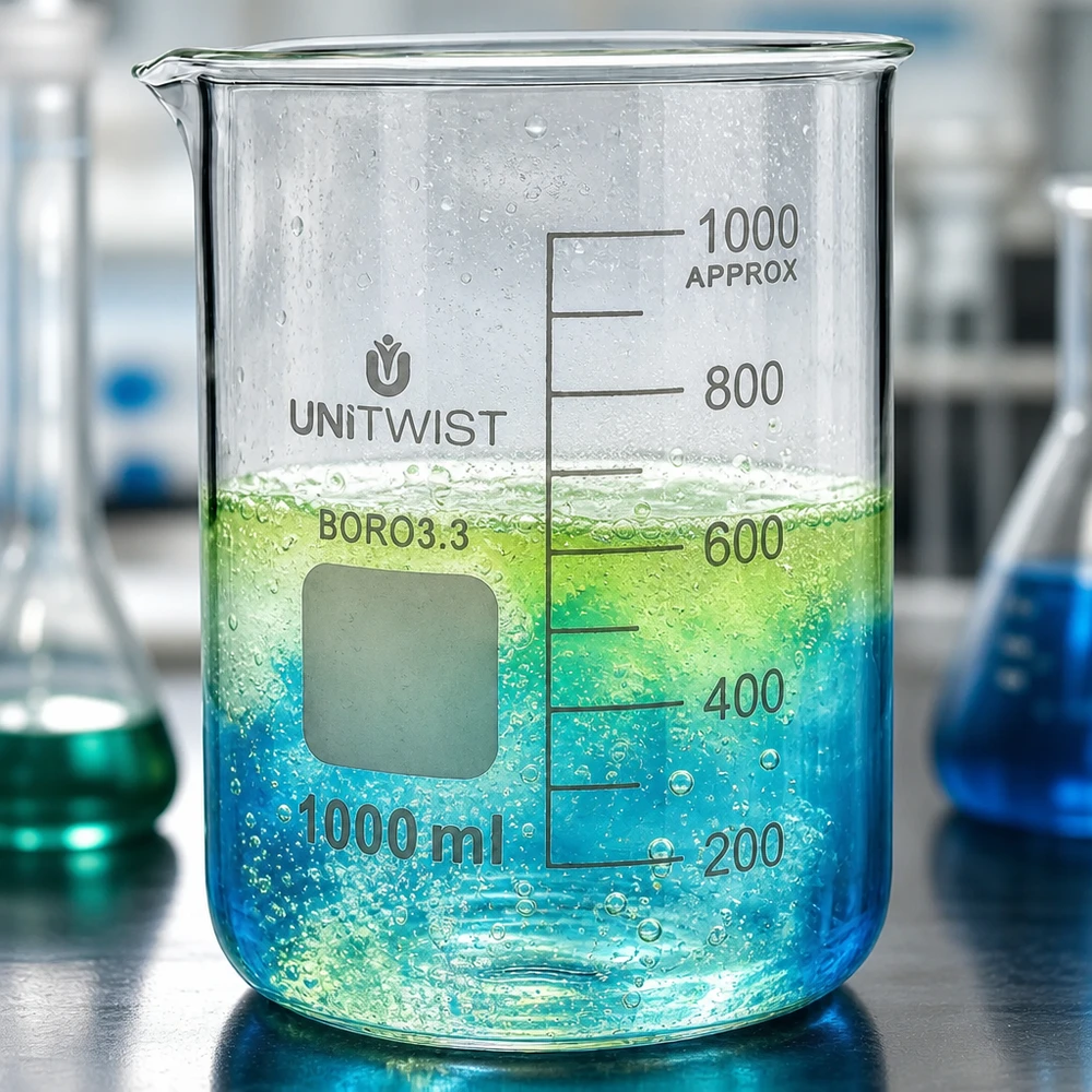 Transparentes Becherglas 1000ml BORO3.3 niedrige Form mit sprudelndem grünem Flüssigkeitsinhalt