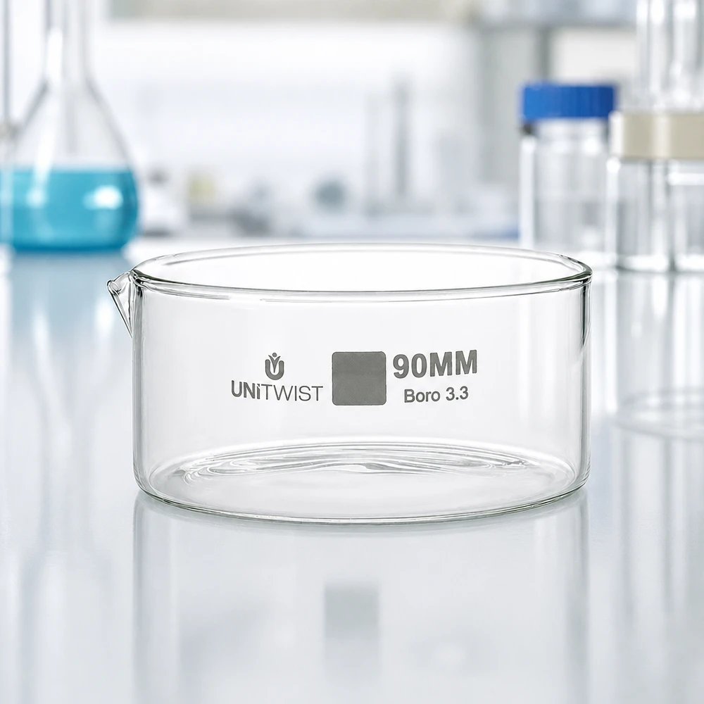 Kristallisierschale ø90mm Borosilikatglas UNiTWIST Hochwertige Laborschale ø90mm UNiTWIST Borosilikatglas mit Produktbeschriftung Frontansicht