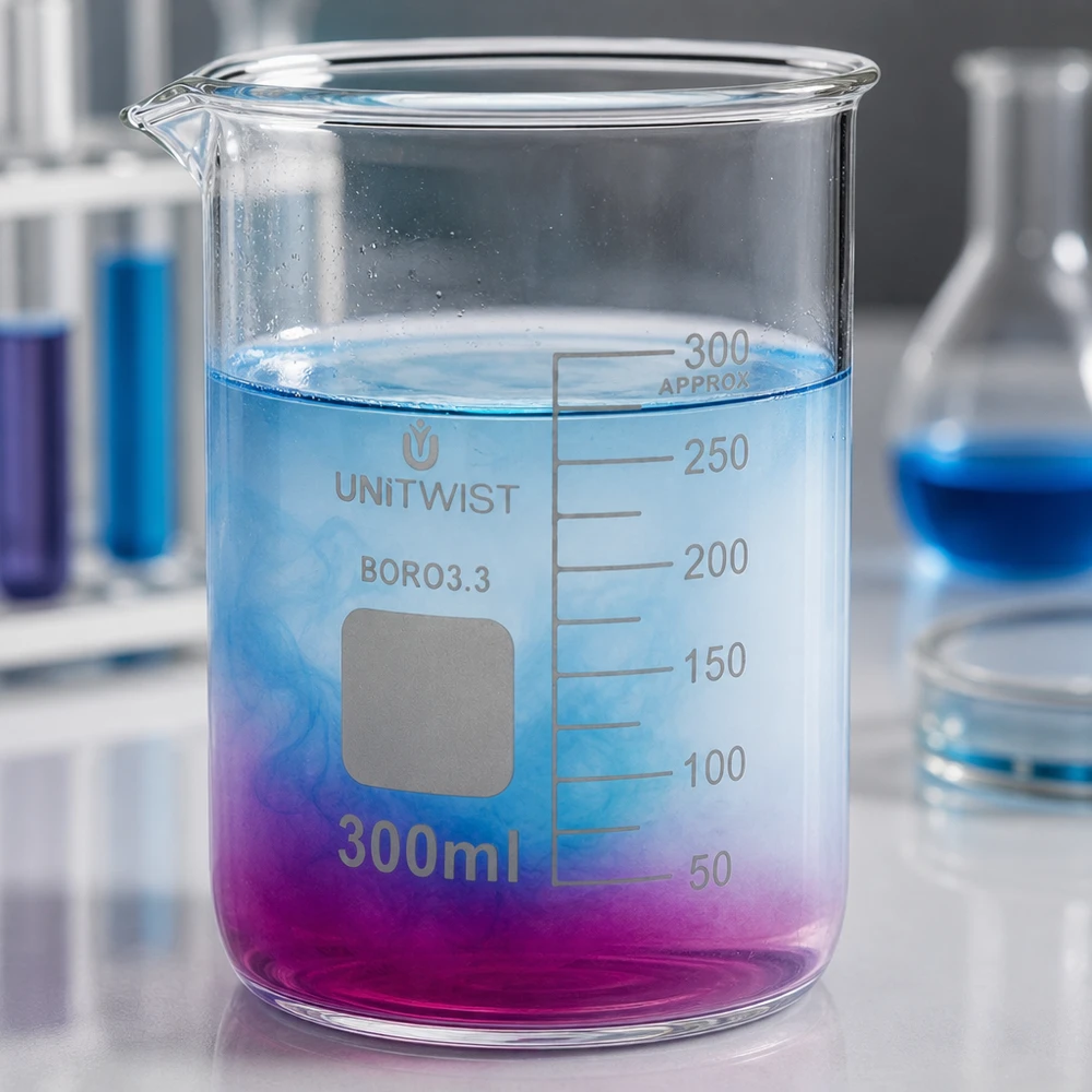 Becherglas 300ml Borosilikat, niedrige Form UNiTWIST Niedrige Becherglasform 300ml BORO3.3 mit farbigem Flüssigkeitsexperiment und Skalierung