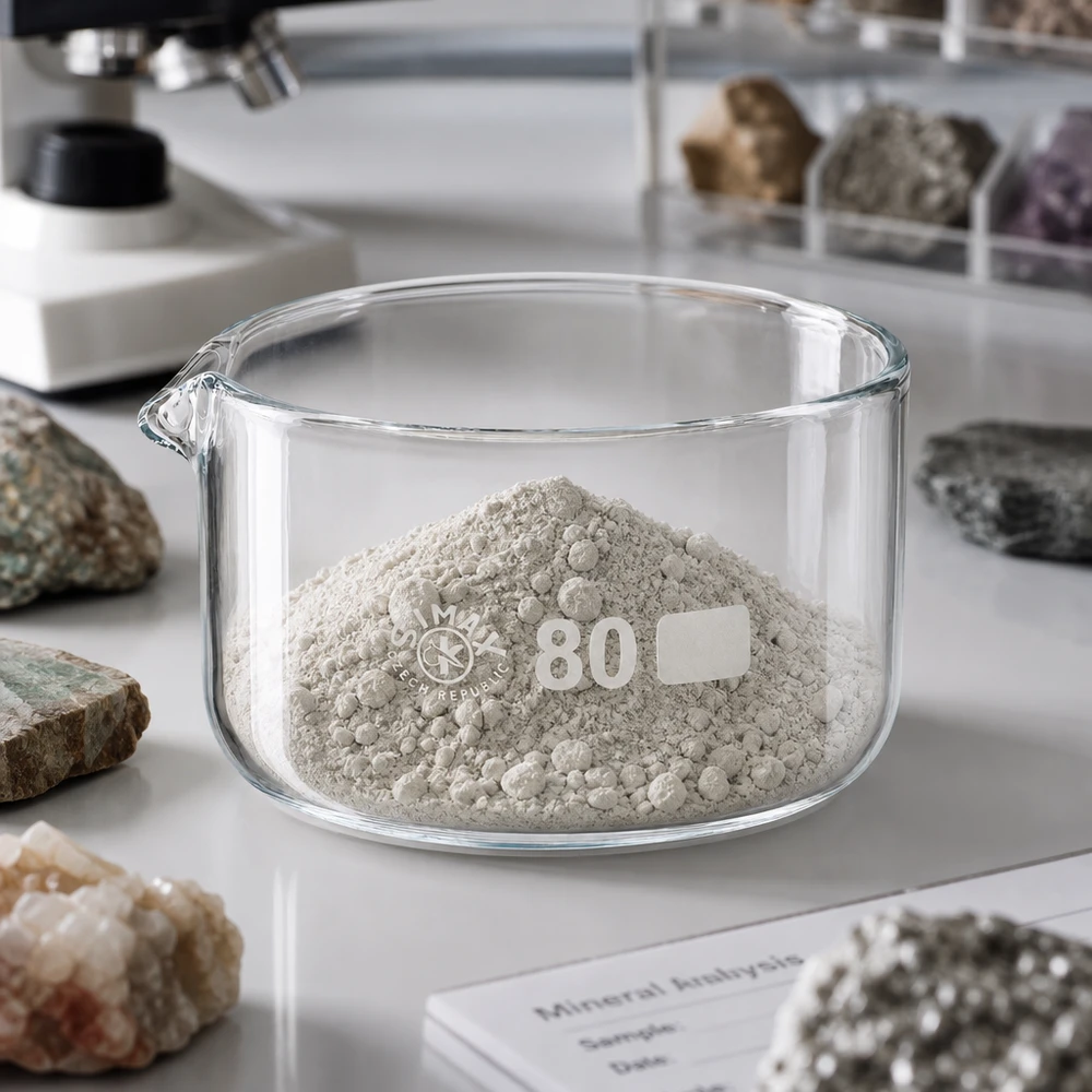 150ml Kristallisierschale mit Ausguss Borosilikat ø80mm Kristallisierschale 80mm mit Ausguss gefüllt mit gemahlenem Mineralgestein für Laboranalyse 150ml