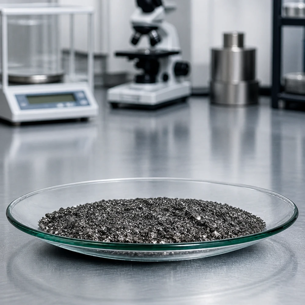 Uhrglasschale 110 mm Durchmesser mit körnigem Analysenmaterial in moderner Laborausstattung