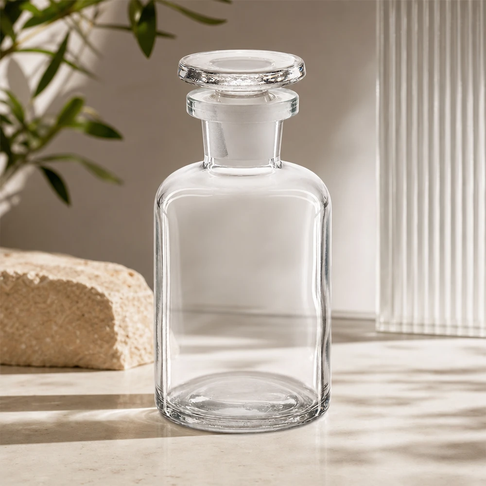 Dekorative Klarglasflasche 50ml Rundschulter mit Enghals und massivem Glasstopfen