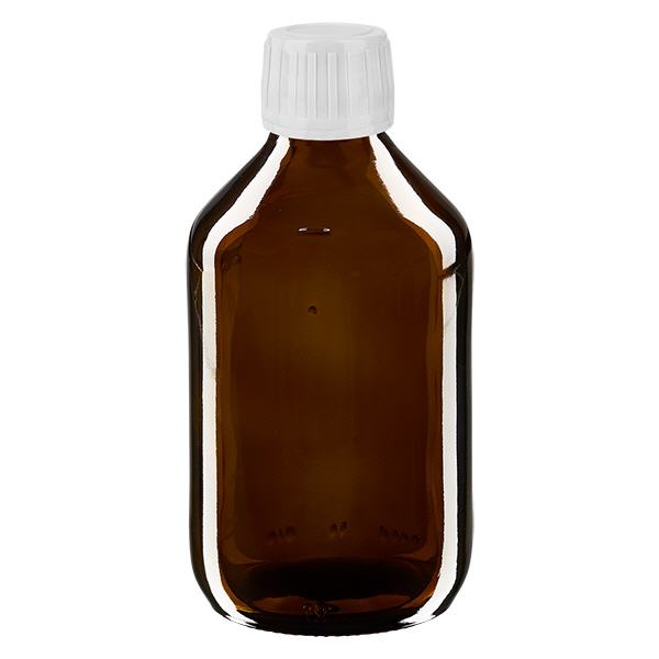 250ml Medizinflasche braun, Verschluss weiß mit Originalitätsring ApoGlas
