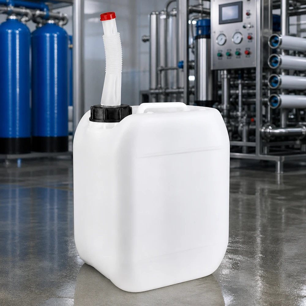Robuster Flüssigkeitsbehälter 5L mit flexiblem Auslaufstutzen auf Betonboden einer Produktionsstätte