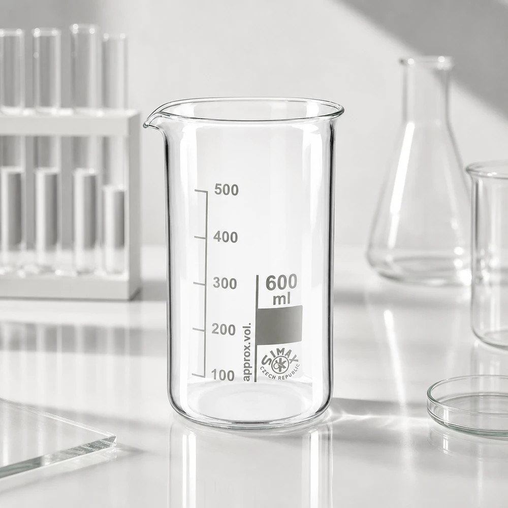 Becherglas 600ml Borosilikatglas, hohe Form Becherglas 600ml hohe Form aus transparentem Borosilikatglas mit Petrischale und Glasplatte