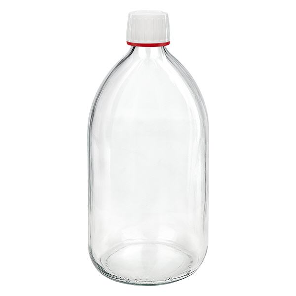 1000ml Medizinflasche klar, Verschluss weiß mit Originalitätsring rot ApoGlas 1000ml Medizinflasche klar, Verschluss weiß mit Originalitätsring rot ApoGlas