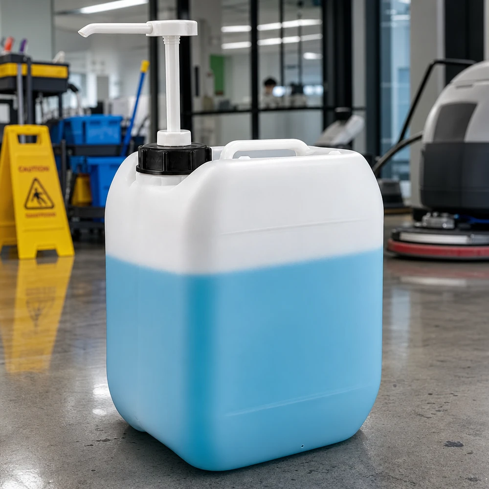 Quadratischer 5 Liter Kanister mit Schraubverschluss und Pumpaufsatz in gewerblicher Reinigungsumgebung